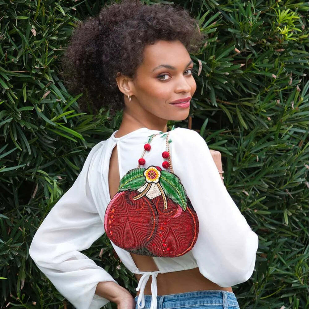 Mary Frances Red Cherry Beaded Crossbody Bag